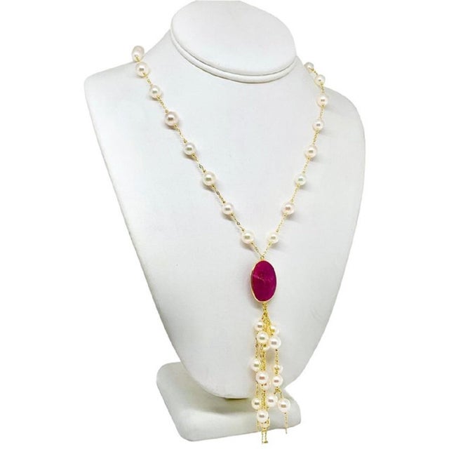 Metal Akoya Pearl Ruby Necklace 14k Gold Italy Certified For Sale - Image 7 of 8