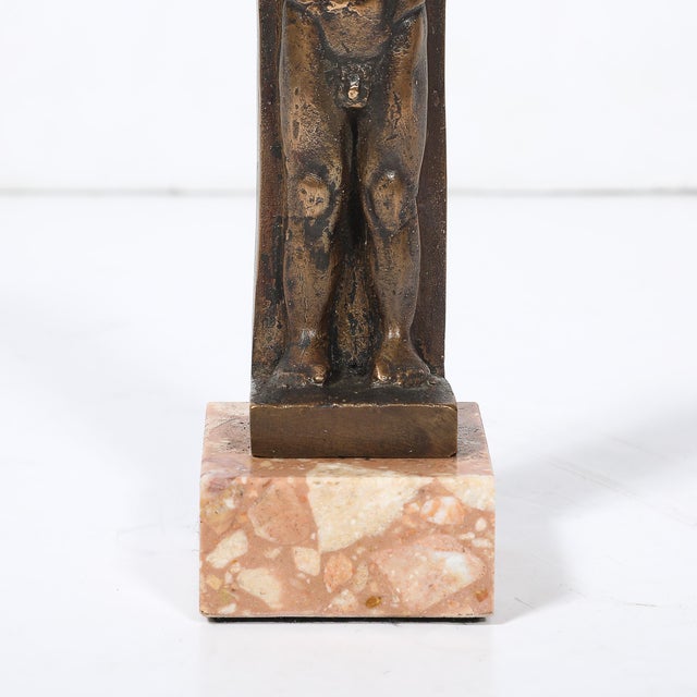 Metal Art Deco Bronze Telamon Sculpture on Rectilinear Variegated Rose Hue Marble Base For Sale - Image 7 of 10