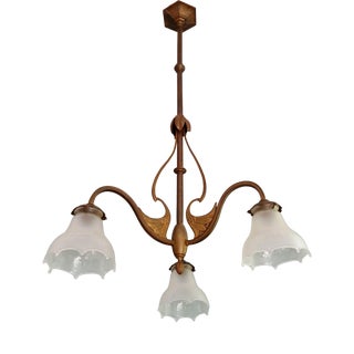 Antique Art Nouveau Chandelier in Brass and Scalloped Frosted Glass, 1890s For Sale