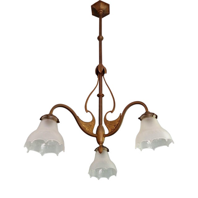Antique Art Nouveau Chandelier in Brass and Scalloped Frosted Glass, 1890s For Sale