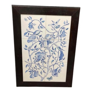 Vintage Blue & White Ceramic Tile Wall Panel - Chinoiserie Botanical & Bird Motif For Sale