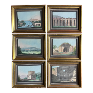 Antique 19th Century Italian Grand Tour Gouache Watercolor Paintings of Classical Architecture & Ruins - Set of 6
