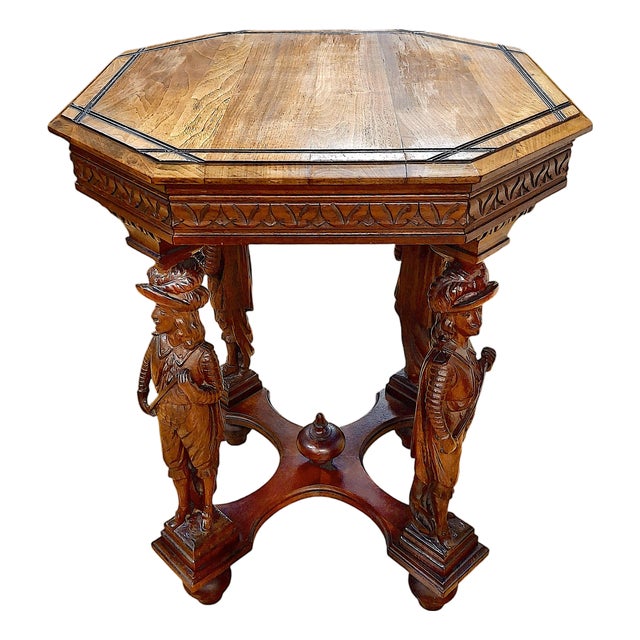 Antique Renaissance Revival Octagon Oak Side Table Atop Four Musketeers For Sale