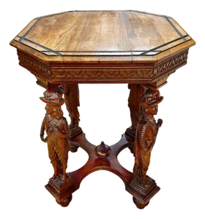 Antique Renaissance Revival Octagon Oak Side Table Atop Four Musketeers