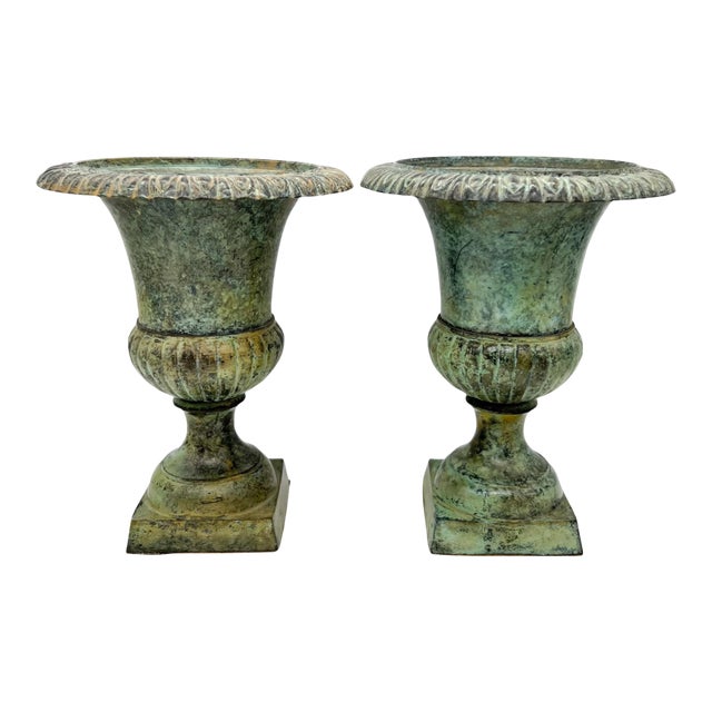 20th Century French Style Green Verdigris Cast Iron Urns With Patina - A Pair For Sale