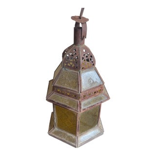 1970s Intage Hexagon Moroccan Amber Glass Votive Candle Lantern For Sale