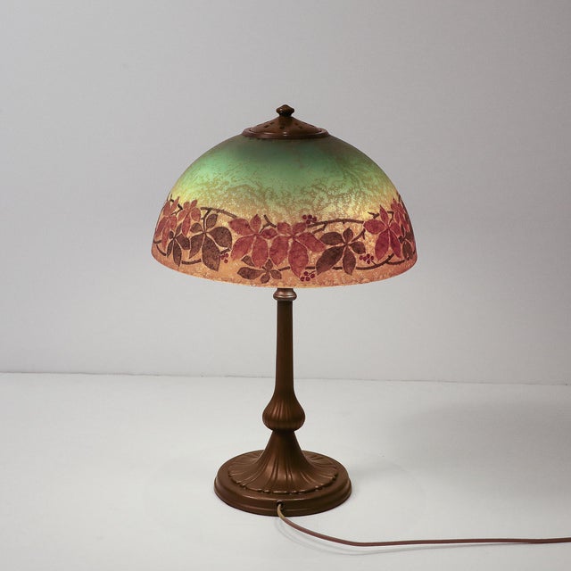 Acid Etched Table Lamp With Oil Rubbed Bronze Base Signed Handel For Sale - Image 10 of 18