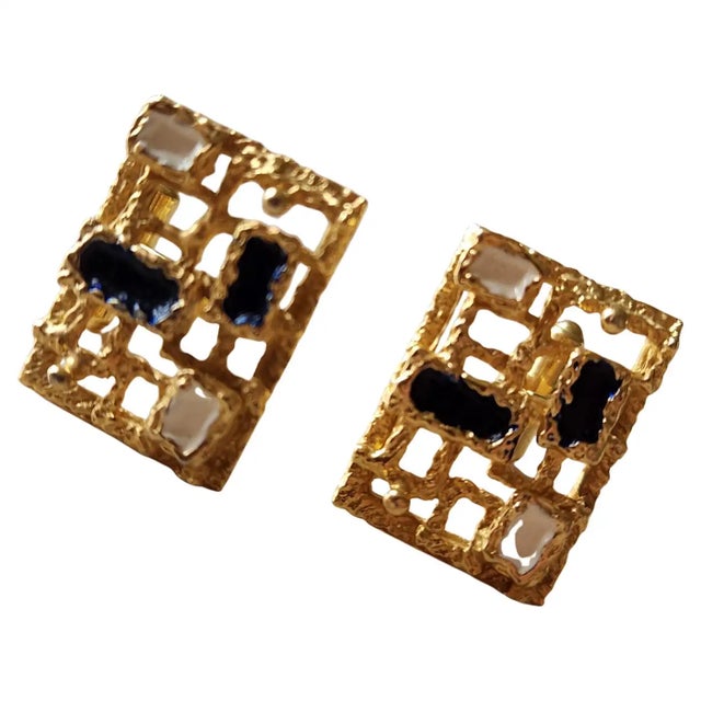 Metal 1970s Brutalist Christian Dior Gold Tone Enamel Stone Cufflinks For Sale - Image 7 of 11