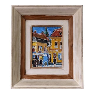 Mid-Century Modern Swedish Oil Painting "Pedestrians", Framed Street Scene For Sale
