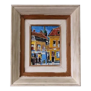 Mid-Century Modern Swedish Oil Painting "Pedestrians", Framed Street Scene