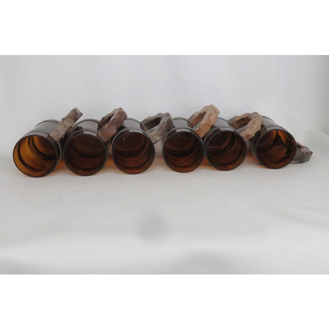 Amber Brown Glass With Wood Handle Beer Mug Set of Six 4661b For Sale - Image 12 of 18