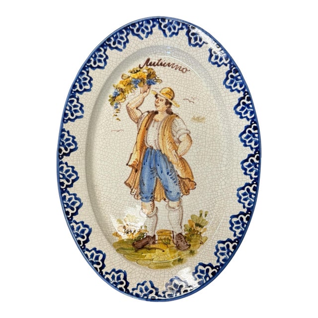 Vintage Antique Italian Fiancé Hand Painted 16" Oval Serving Dish Tray Autunno For Sale
