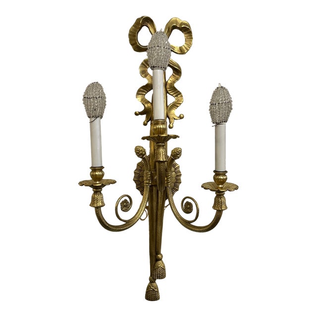 Brass Finish Metal Ribbon and Tassel 3 Arm Wall Sconce With Glass For Sale
