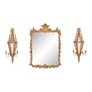 Italian Neoclassical Giltwood Mirror and Pair of Mirrored Candle Sconces, Circa 1950 For Sale