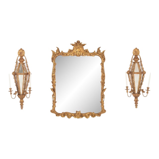 Italian Neoclassical Giltwood Mirror and Pair of Mirrored Candle Sconces, Circa 1950 For Sale