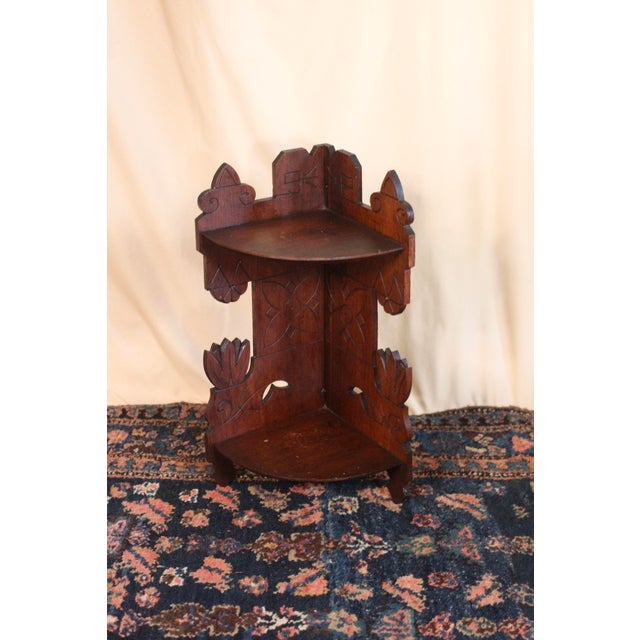 1920s Folk Art Dark Walnut Corner Shelf With Gothic Floral Details For Sale - Image 9 of 15