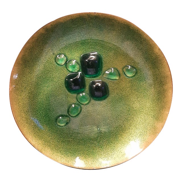 Copper on Enamel Green Plate Dish Signed For Sale