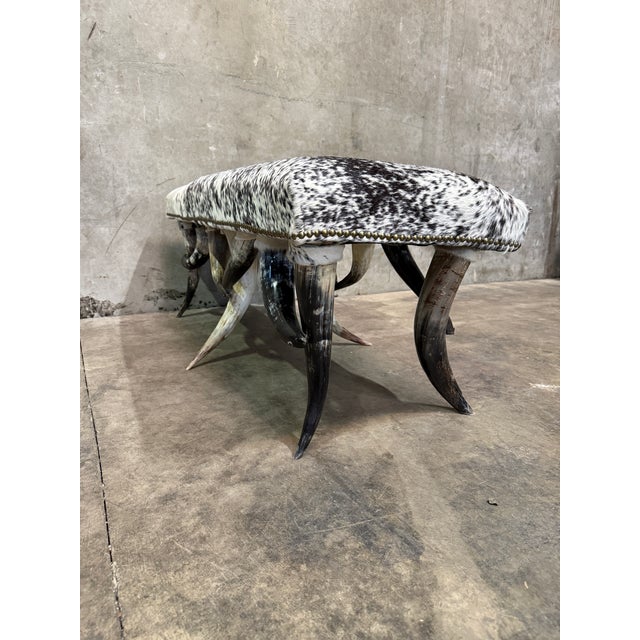 1970s Steer Horn Bench Cowhide Seat Nailhead Western Ranch Longhorn Speckled 48in For Sale - Image 9 of 12