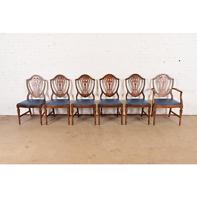 English Baker Furniture Style Federal Carved Mahogany Shield Back Dining Chairs, Set of Six For Sale - Image 3 of 13