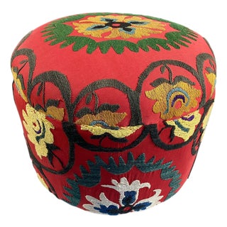 Custom Made Ottoman With Vintage Uzbeck Suzani Upholstery 16" H For Sale