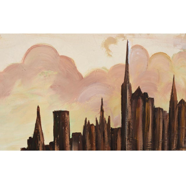 Textile Lee Reynolds Style Green and Brown Mid-Century Modern Cityscape Skyline Painting For Sale - Image 7 of 10