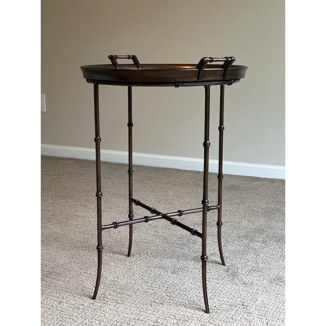 Late 20th Century Hollywood Regency Round Cocktail Tray Top Accent Table With Faux Bamboo Base For Sale In Charlotte - Image 6 of 9