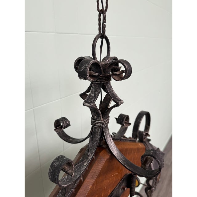 Wood Vintage Brutalist 3-Light Lantern in Wood and Wrought Iron, 1970s For Sale - Image 7 of 18