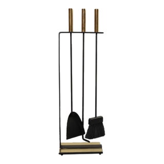 Vintage Modernist Iron and Brass Fireplace Tool Set With Brush, Shovel and Poker For Sale