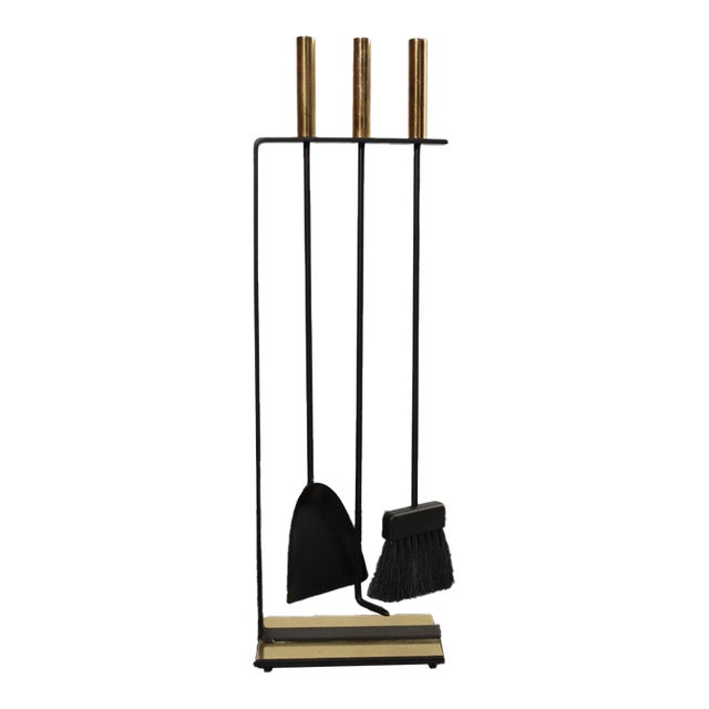 Vintage Modernist Iron and Brass Fireplace Tool Set With Brush, Shovel and Poker For Sale