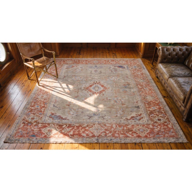 1880s Tan Sand Medallion Antique Persian Ziegler Sultanabad Rug 10'5" X 10'6" Handknotted Wool Carpet For Sale - Image 9 of 9