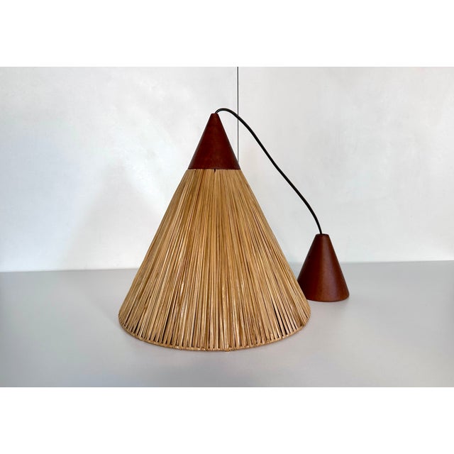 Conical Hanging Lamp in Teak Covered with Straw Weave from Temde Leuchten, 1950s For Sale - Image 11 of 18