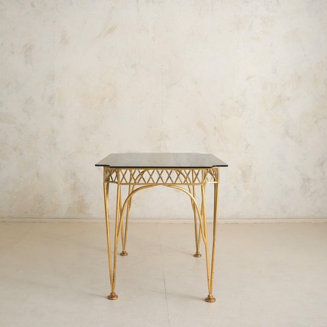 Mid 20th Century Vintage Italian Gilt Bronze Desk or Dining Table with Smoked Glass Top For Sale - Image 5 of 11