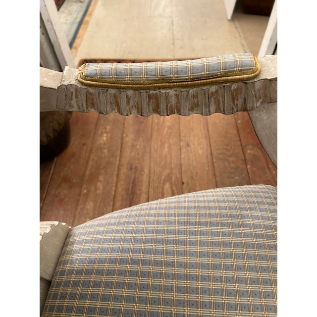 1940s Carved Painted Wood French Country Upholstered Bergere Chairs - A Pair For Sale - Image 5 of 14