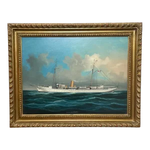 Mid 20th Century Anglo-Chinese Seascape Oil Painting of HMS Alacrity Steam Sail Ship, Framed