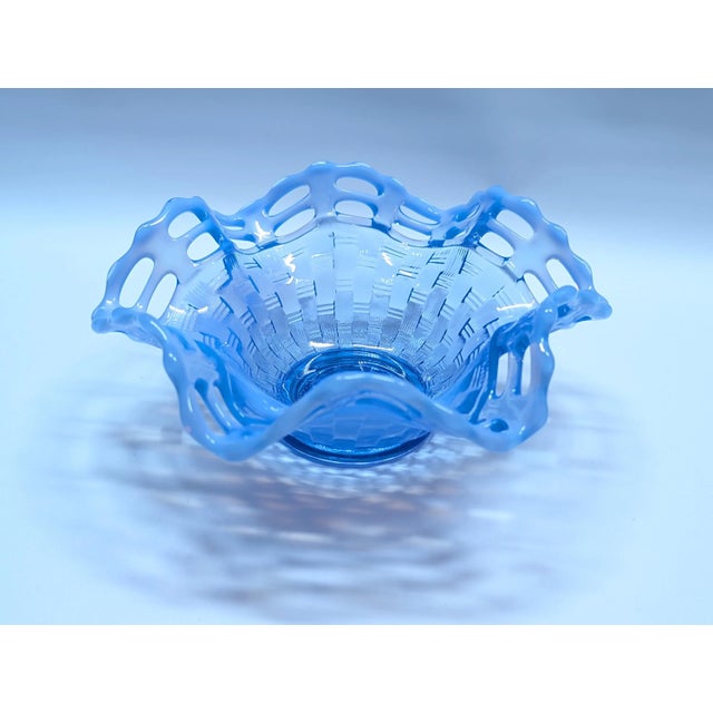 Early 20th Century 1930s Fenton Art Glass Basket Weave With Open Edge Blue Opalescent Double Crimped Bowl For Sale - Image 5 of 8