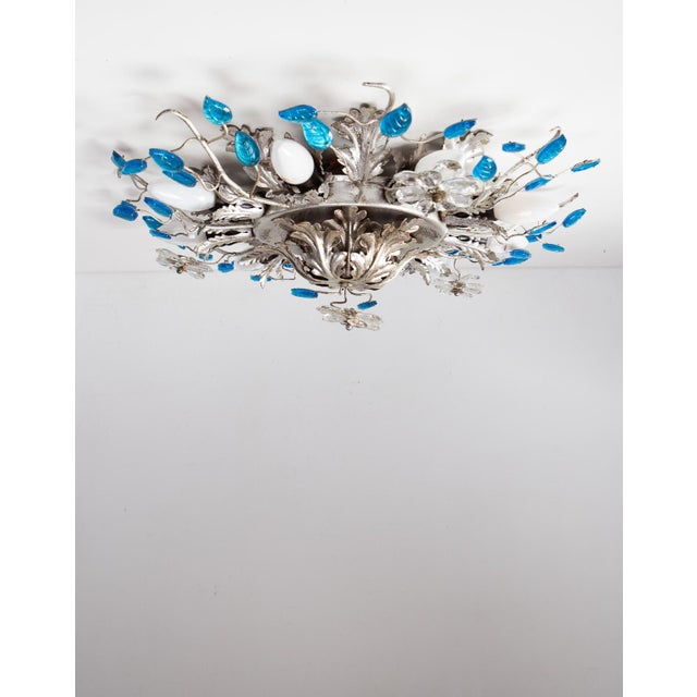 Large Vintage Ceiling Light in Silver-Plated Iron and Blue Glass Leaves from Banci Firenze, 1980s For Sale - Image 6 of 11