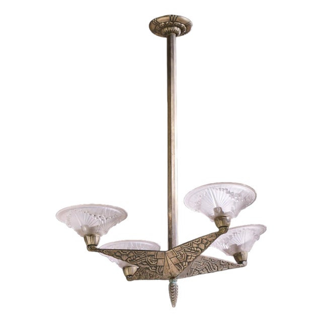 Charles Schneider French Art Deco Polished Nickel Chandelier For Sale