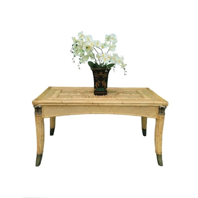 1990s Vintage Coastal Regency Double Palm Tree Carved Wicker Bamboo Desk Dining Table For Sale - Image 5 of 12