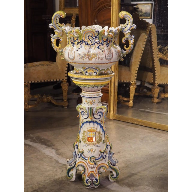 19th Century Hand Painted Faience Jardiniere on Pedestal From Boulogne, France For Sale - Image 11 of 13