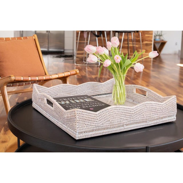 Boho Chic Artifacts Rattan Scallop Collection Square Tray with Cutout Handles in White Wash - 20" For Sale - Image 3 of 8
