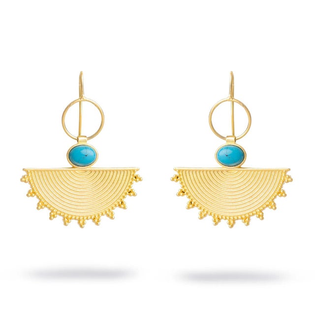 Cleopatra Sunburst Turquoise Gold Earrings, A Pair For Sale - Image 10 of 10