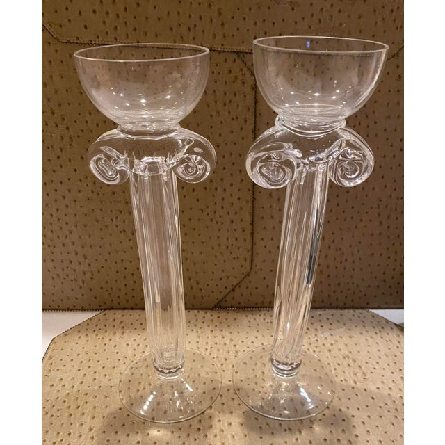 Pair of 1980s Hand Blown Glass Candlesticks, Corinthian Column Style Fluted Glass With Candle Cup Holder on Top For Sale - Image 9 of 9