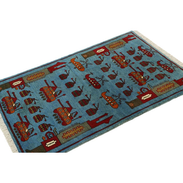 Rug & Kilim Rug & Kilim’s Modern Tribal Rug in Blue With Helicopters and Tank Pictorials For Sale - Image 4 of 6