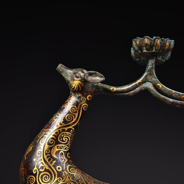 Bronze Late 19th Century Gilt Bronze Deer Candelabra With Inscriptions, 2300g, Archaic Motifs For Sale - Image 8 of 10