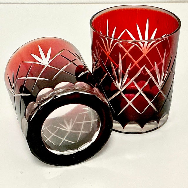Mid 20th Century Boho Chic Czechoslovakian Clear Cut to Ruby Etched Crystal Lowballs - Set of 6 For Sale - Image 9 of 10