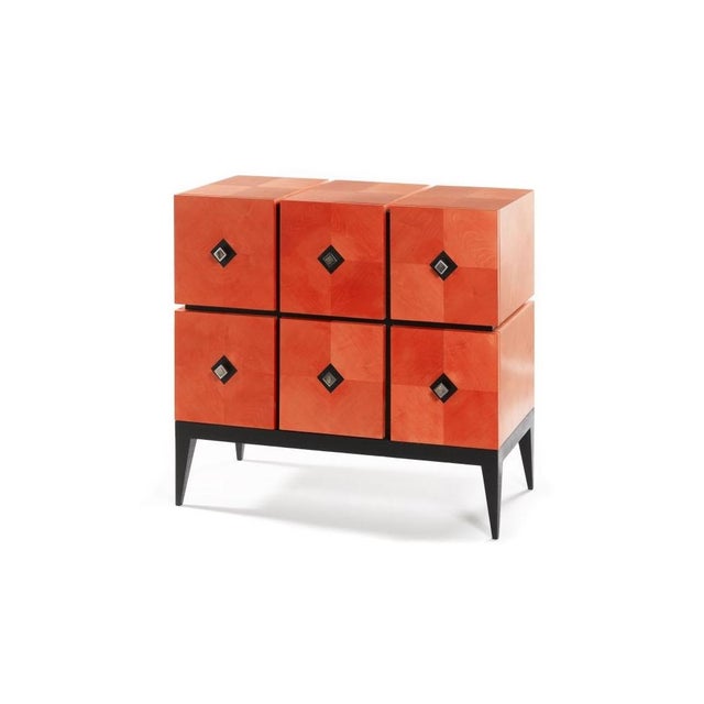 Two-Drawer Diamond Chest of Drawers in Orange-Stained Pear Wood from Aymeric Lefort, in New conditions. Designed from 2000