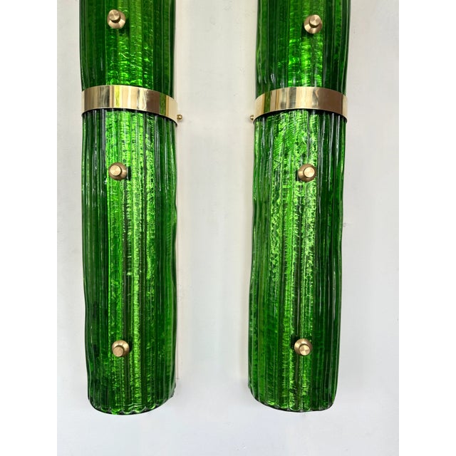 Metal Contemporary Pair of Brass and Green Murano Glass Sconces, Italy For Sale - Image 7 of 12