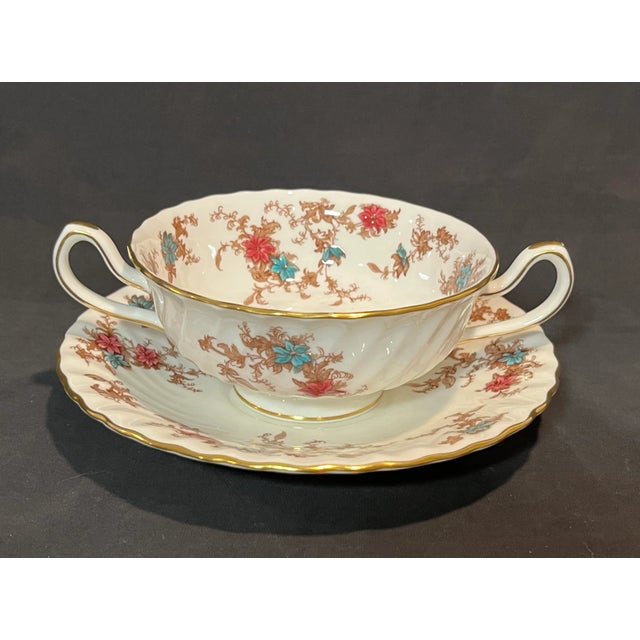 8 Minton Ancestral Footed Cream Soup Bowl & Saucer Sets - Wreath Backstamp English Bone China MINT CONDITION Pristine...