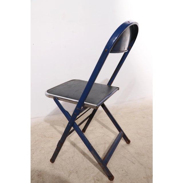 4 Vintage Folding Chairs in Blue Oilcloth Steel and Chrome by Cosco For Sale - Image 10 of 11