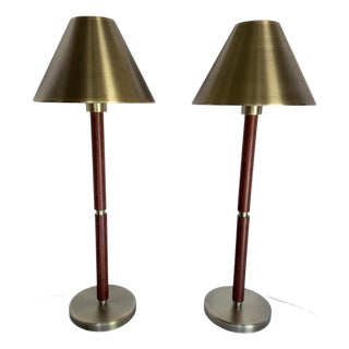 Ralph Lauren Brass and Leather Candlestick Table Lamps, Pair For Sale